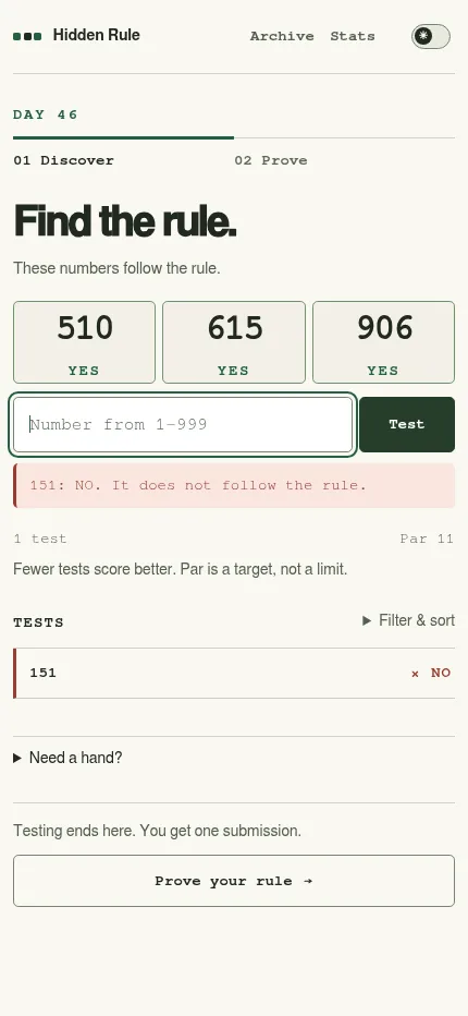 Hidden Rule Day 46 on a phone: the three starting numbers, a test of 151 answered NO and the Prove your rule button