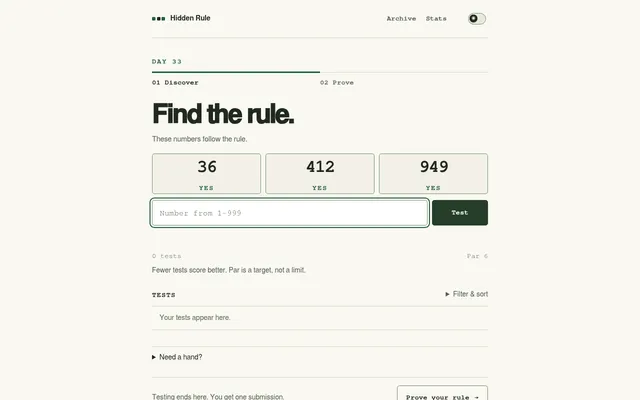 Hidden Rule Day 33: Find the rule, with 36, 412 and 949 marked YES, a box to test a number from 1 to 999 and par 6