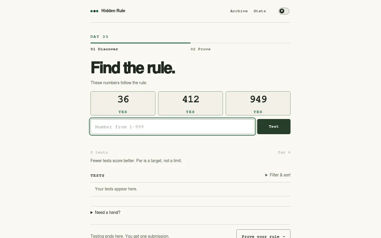 Hidden Rule Day 33: Find the rule, with 36, 412 and 949 marked YES, a box to test a number from 1 to 999 and par 6