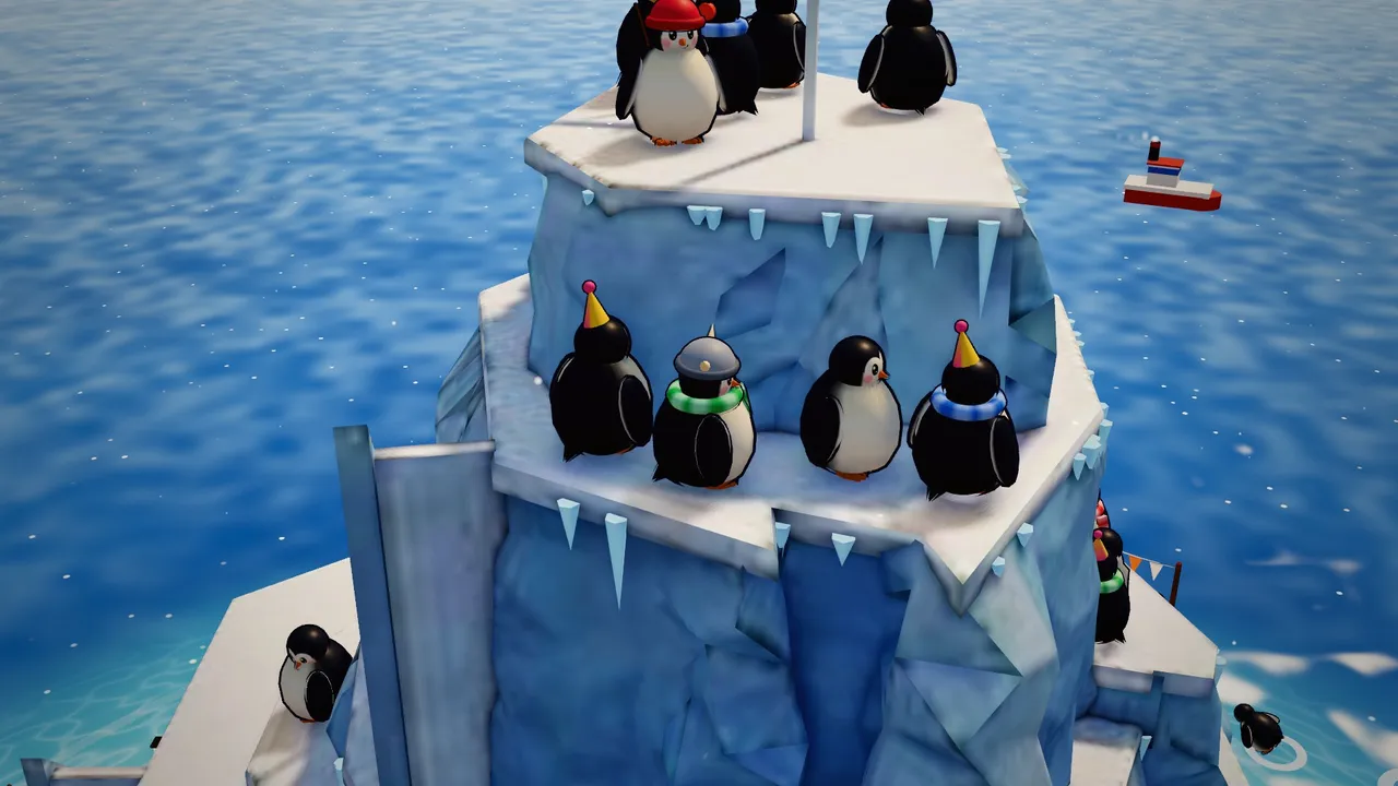 Close up in Hideling: penguins in party hats, a helmet and coloured scarves on an icy ledge