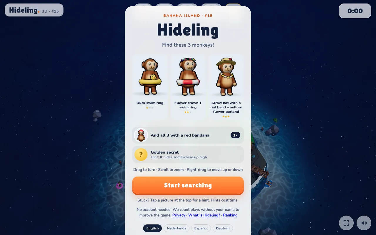 Hideling's start card for Banana Island #15: three monkeys to find, a set of three in red bandanas and a golden secret