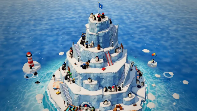 Hideling's penguin island: an iceberg of terraces and stairs crowded with penguins in hats and scarves, from above