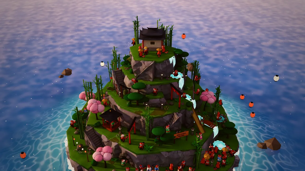 Hideling's red panda island with cherry blossom, bamboo, a temple and lanterns over the sea