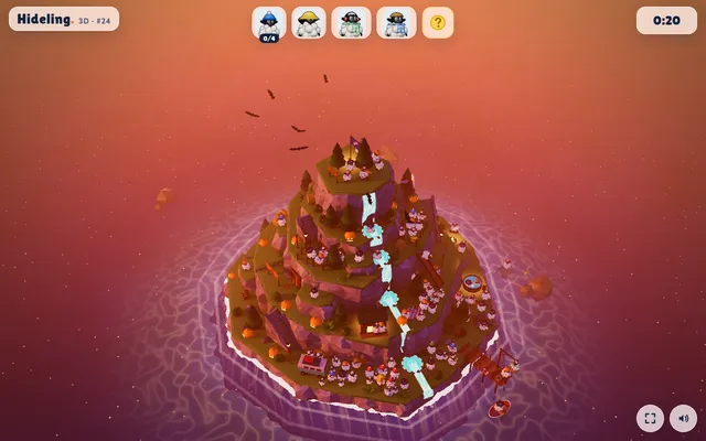 Hideling's Sheep Island #24 in Halloween dusk: a terraced island crowded with sheep in hats, pumpkins and bats, with the four animals to find along the top
