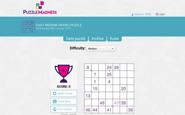 The Daily Medium Hidoku on PuzzleMadness for 28 October 2026: a 7x7 grid with givens such as 1, 8, 13, 24, 36 and 49 to link into one chain