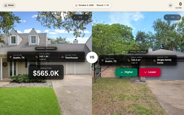 Higher Lower daily challenge for 2 October 2026, Round 1 of 19: a known house in Austin TX with its asking price of 565.0K shown next to a second Austin house with its price hidden, and green Higher a