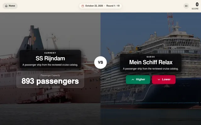 Higher Lower daily challenge for 22 October 2026, round 1 of 19: SS Rijndam at 893 passengers against Mein Schiff Relax, with Higher and Lower buttons