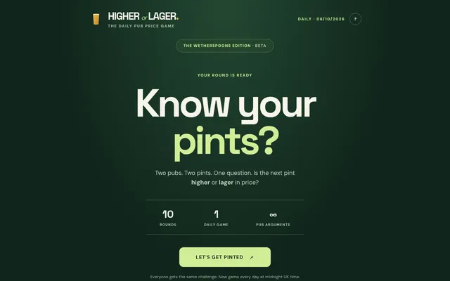 Higher or Lager start screen for the daily game of 06/10/2026: 'Know your pints?', the Wetherspoons Edition beta badge, ten rounds and the Let's Get Pinted button