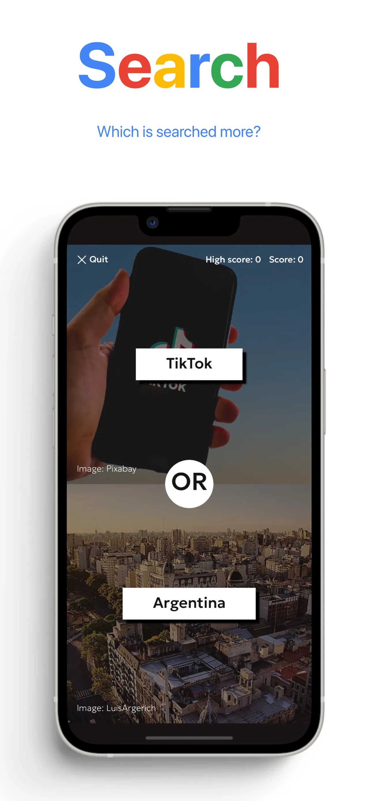 The Higher or Lower Game on a phone: TikTok or Argentina, which is searched more?