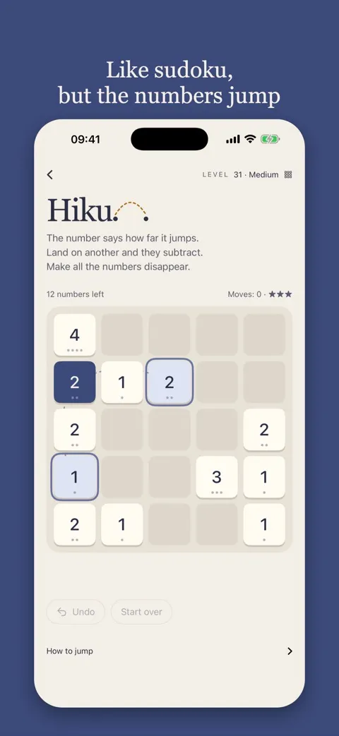 Hiku app screenshot, Like sudoku, but the numbers jump: a level 31 Medium board of number tiles with 12 numbers left