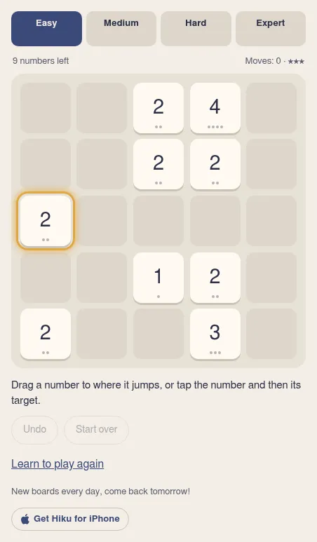 Daily Hiku in the browser: today's Easy board, a 5x5 grid with nine numbers (2s, a 4, a 1 and a 3), the Easy, Medium, Hard and Expert tabs above it