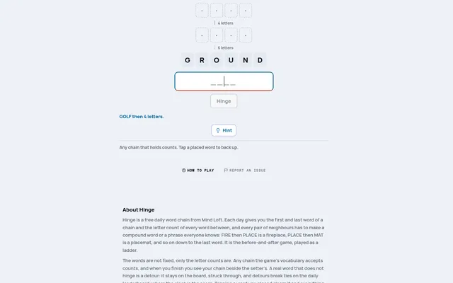 Hinge on mindloftdaily.com: a word chain ending in GROUND with empty four-letter slots above it, a text box and Hinge button, and the prompt GOLF then 4 letters