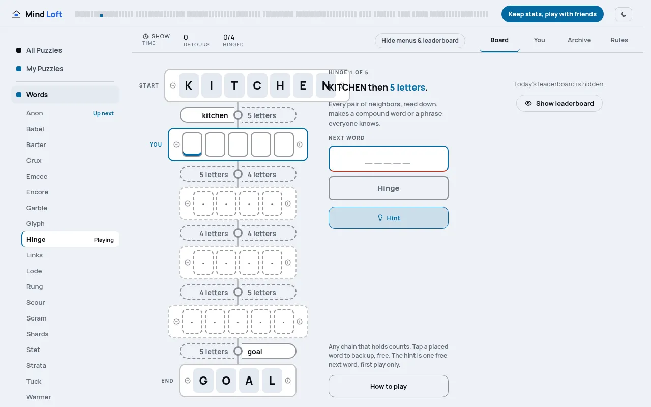 Hinge on mindloftdaily.com: the chain from KITCHEN to GOAL with empty letter slots between, the Hinge and Hint buttons and the time and detours counters