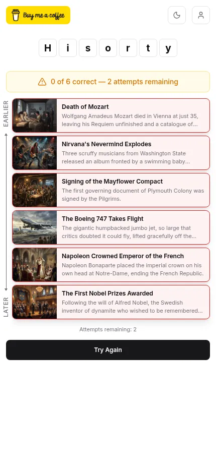 Hisorty puzzle #190 at phone size after a first check: six event cards in a column marked red, with 0 of 6 correct and 2 attempts remaining
