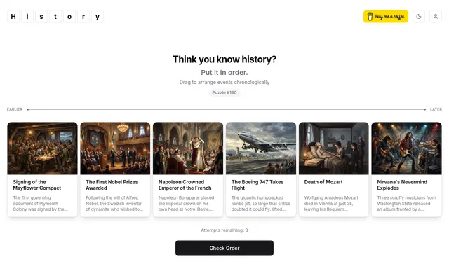 Hisorty puzzle #190 at desktop size: six illustrated event cards in a row, from Death of Mozart to Nirvana's Nevermind, on an earlier to later line above Check Order