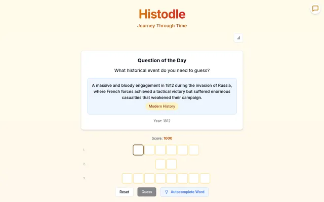 Histodle's Question of the Day: a description of an 1812 battle during the invasion of Russia tagged Modern History, score 1000, and three rows of empty letter boxes for the event's name