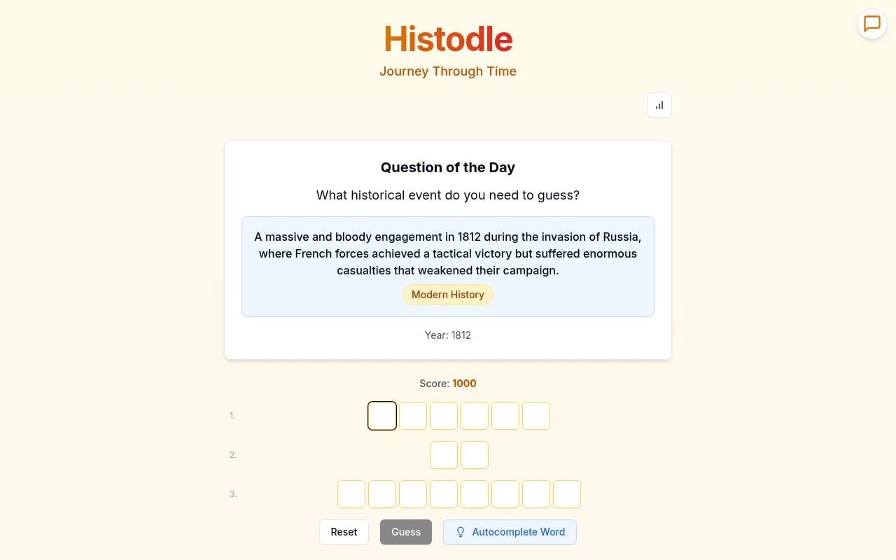 Histodle's Question of the Day: a description of an 1812 battle during the invasion of Russia tagged Modern History, score 1000, and three rows of empty letter boxes for the event's name