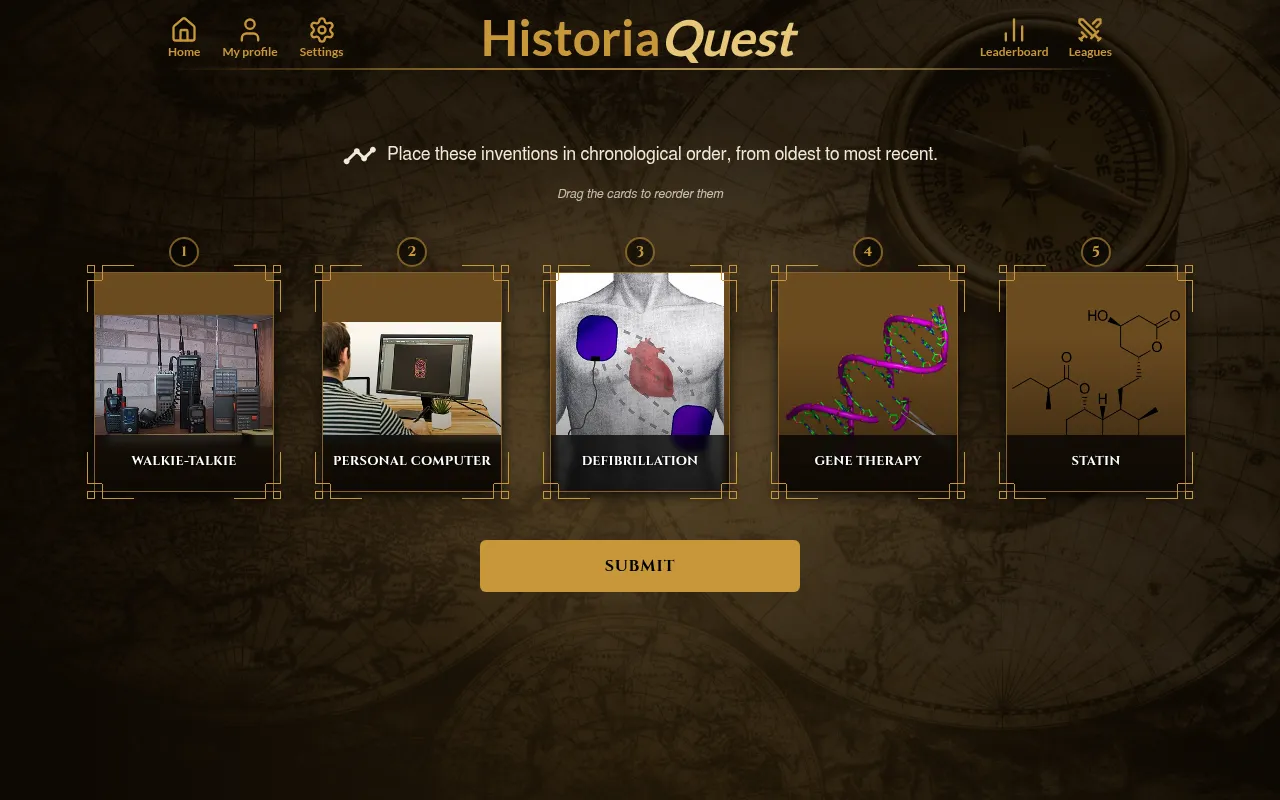 HistoriaQuest's timeline round for 21 October 2026: five invention cards, walkie-talkie, personal computer, defibrillation, gene therapy and statin, to drag into order, with a Submit button