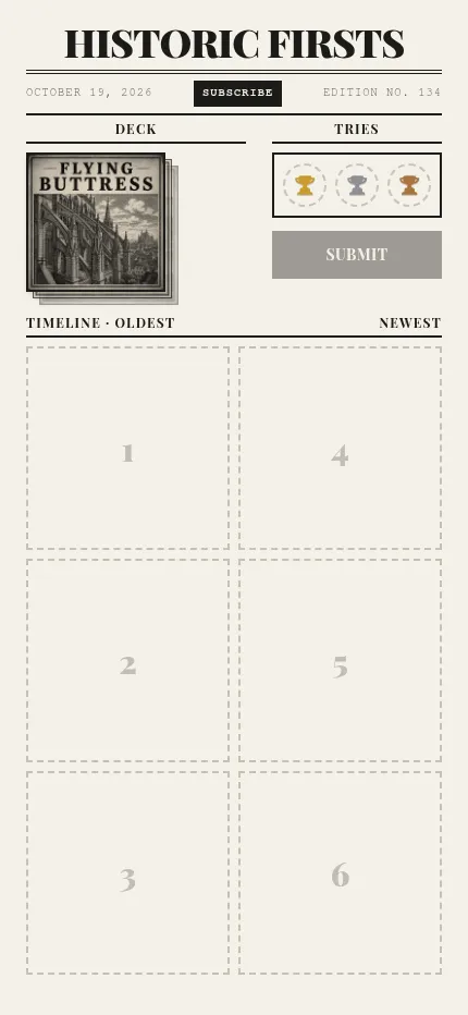 Historic Firsts at phone size: the deck with its first card, three tries, Submit and the six empty timeline slots in two columns