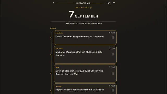 Historicale board for 7 September: On This Day, with event cards tagged Politics, War and History to drag and drop into chronological order, oldest at the top