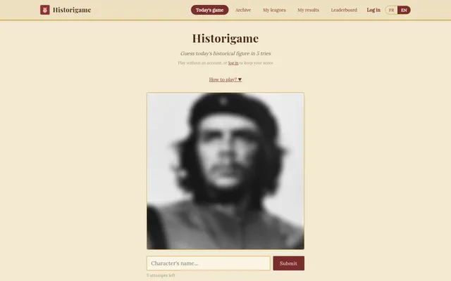 Historigame today's game: a heavily blurred black and white portrait of a person in a beret, with a name box, Submit button and 5 attempts left