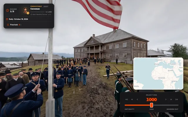 HistoryGuesser daily round 1 of 5: a 360 degree scene of soldiers raising the US flag before a wooden building, with the world map and the era slider at the right