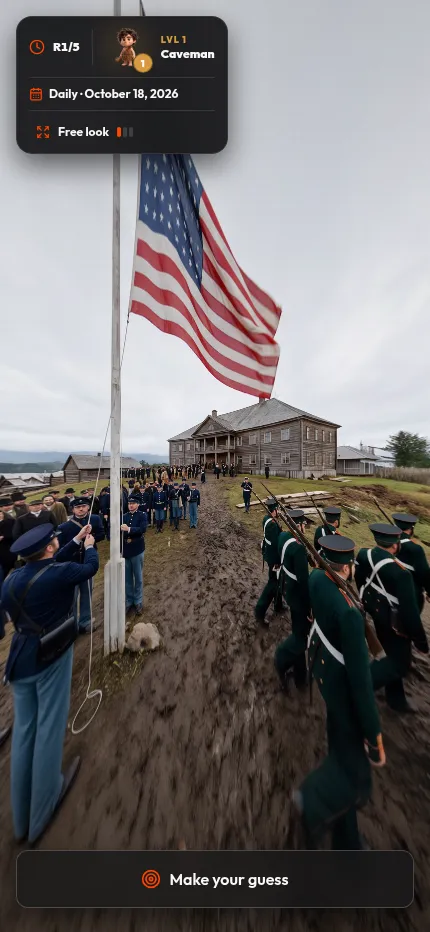HistoryGuesser's daily round on a phone: the flag raising scene fills the screen with a Make your guess button below