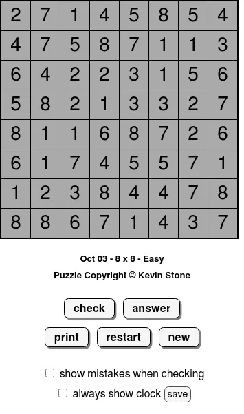 BrainBashers Hitori for 3 October, 8x8 Easy: a grey grid filled with digits, many repeated in rows and columns, above the check and answer buttons
