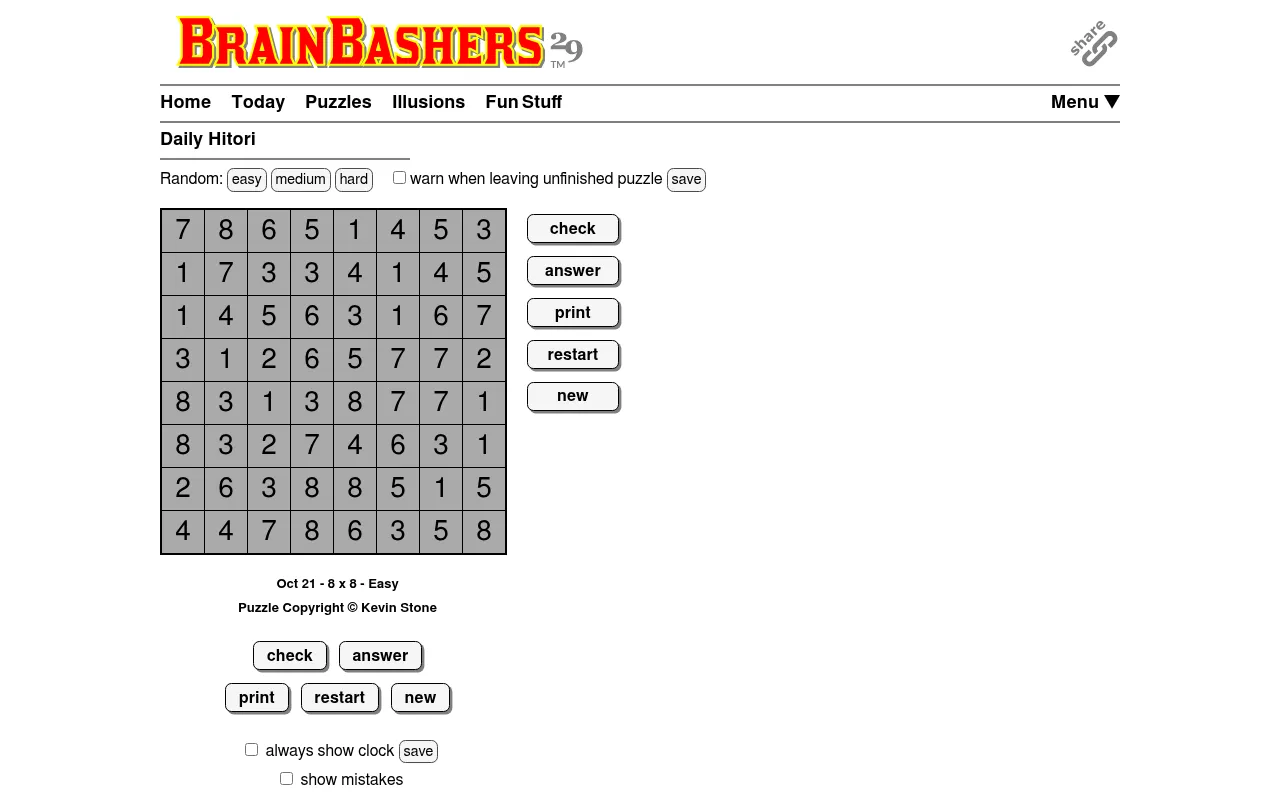 BrainBashers Hitori for 21 October 2026, 8x8 Easy, at desktop size: a grey grid of repeated digits beside the check, answer, print, restart and new buttons