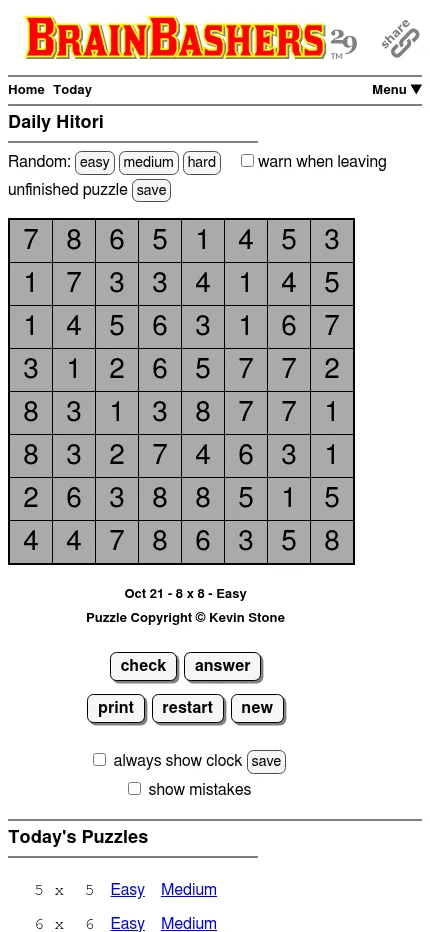 The same 21 October 8x8 Easy Hitori grid on a phone screen, fitting the width, with today's other sizes listed below