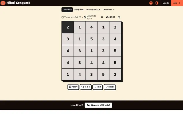 The Hitori Conquest Daily 5x5 #144 for Thursday 29 October 2026, a grid of numbers with one cell shaded, a timer above and Reset, Undo, Hint and Check buttons below