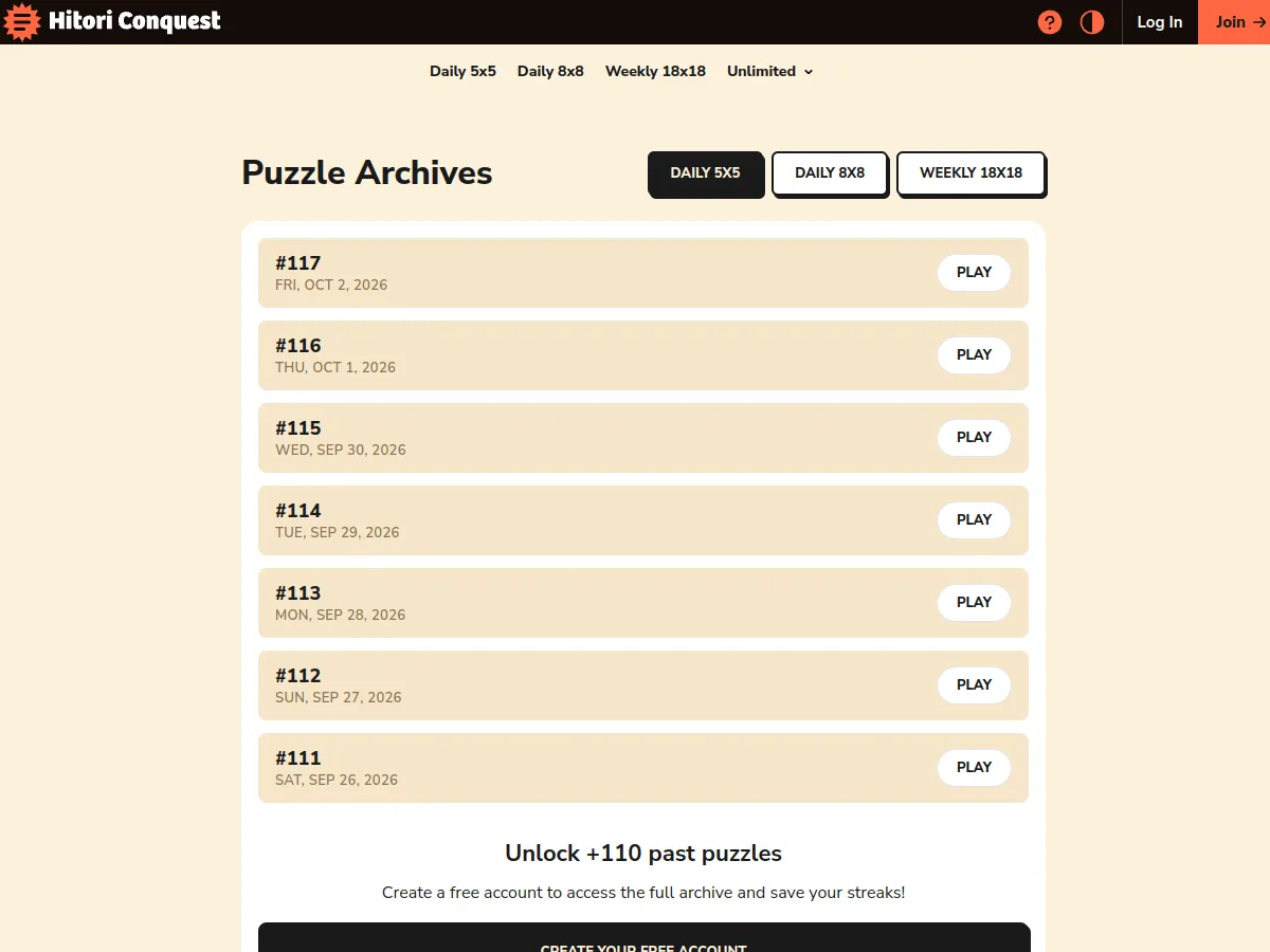 The Hitori Conquest archive listing numbered daily 5x5 puzzles by date