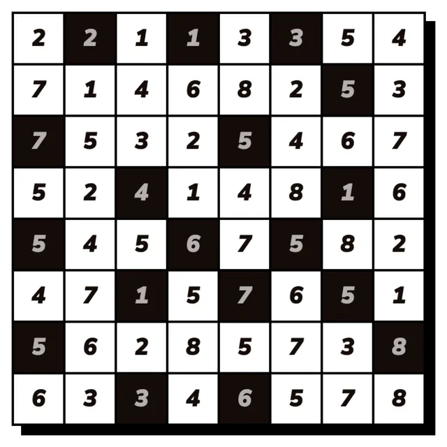 A solved 8x8 Hitori grid with shaded duplicate numbers