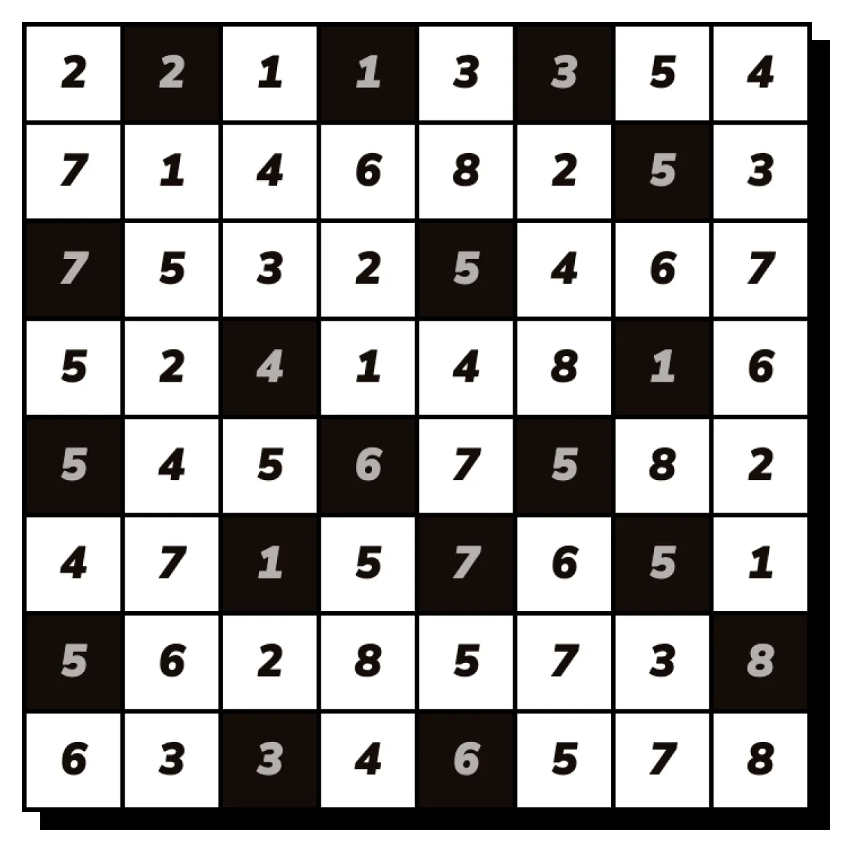 A solved 8x8 Hitori grid with shaded duplicate numbers