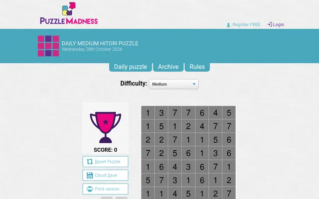 The daily Medium Hitori on PuzzleMadness for 28 October 2026, a 7x7 grid of numbers before any shading, with score and reset buttons beside it