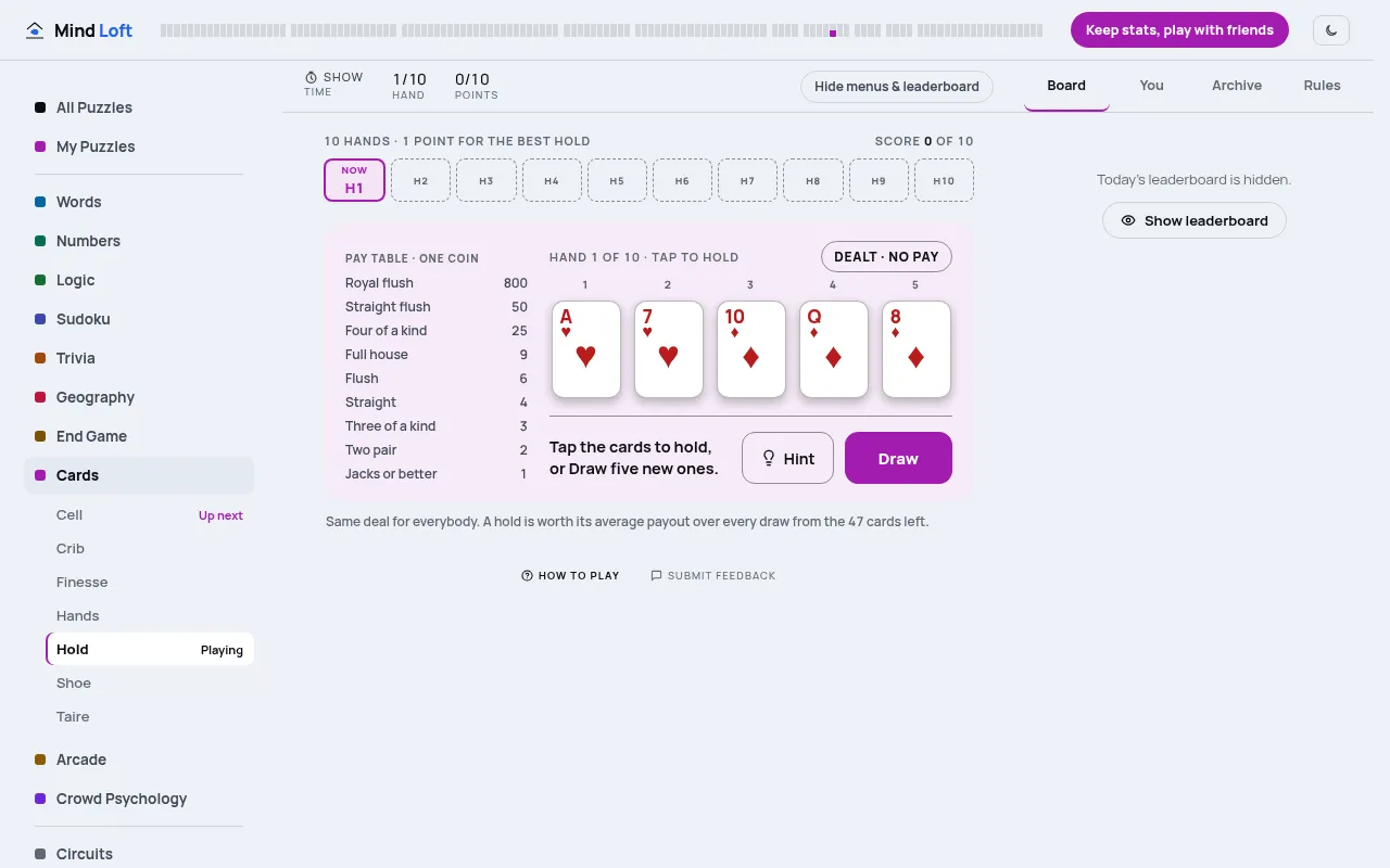 A Hold board: hand 1 of 10 with A, 7 of hearts and 10, Q, 8 of diamonds beside the Jacks or Better pay table and the Draw button