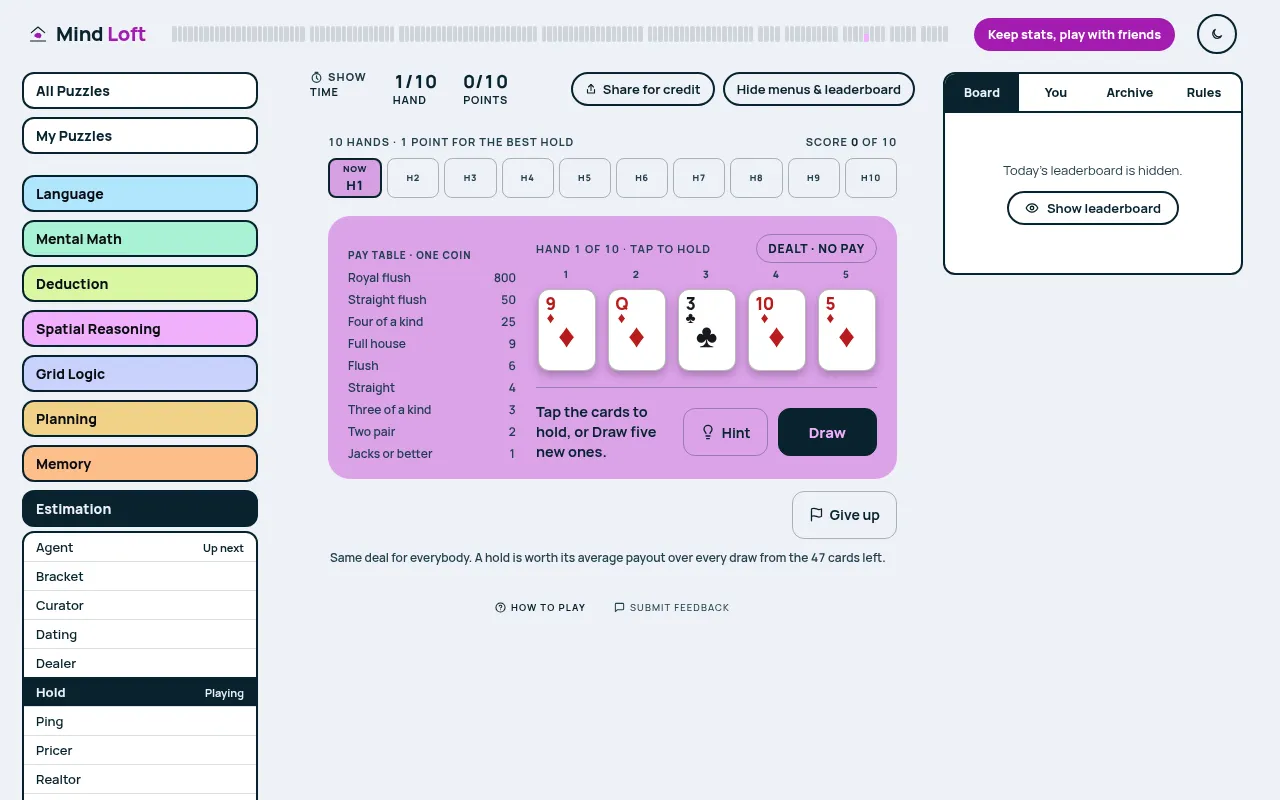 Hold's board on 26 Oct 2026: hand 1 of 10 dealt as 9, Q, 10, 5 of diamonds and 3 of clubs, with the pay table, Hint and Draw buttons