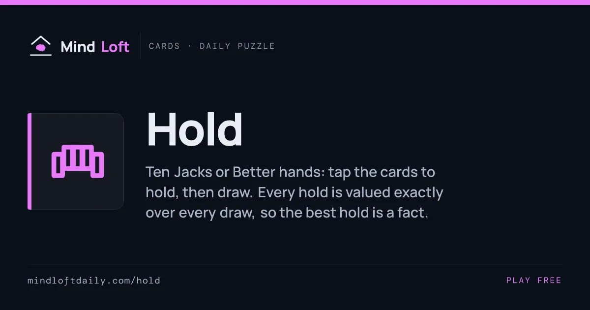 Hold's share card from Mind Loft: ten Jacks or Better hands, tap the cards to hold, then draw