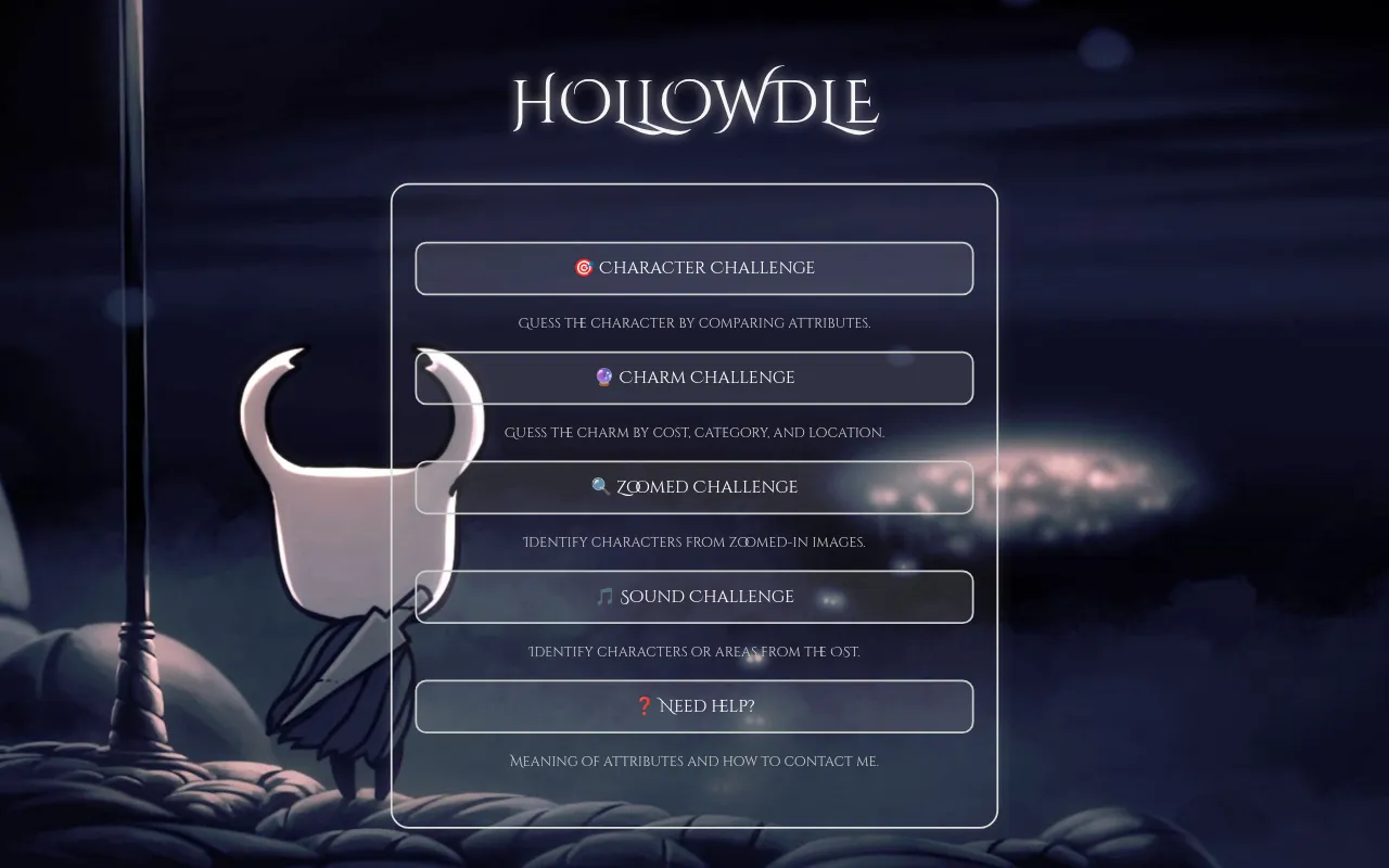 The Hollowdle menu with Character, Charm, Zoomed and Sound challenges beside the Knight from Hollow Knight