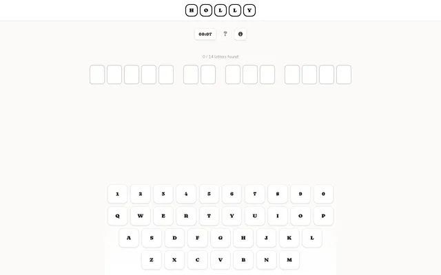 HOLLY's daily puzzle in play: blank tiles for a four-word film title of 14 letters, 0 found, a running timer and a keyboard of digits and letters