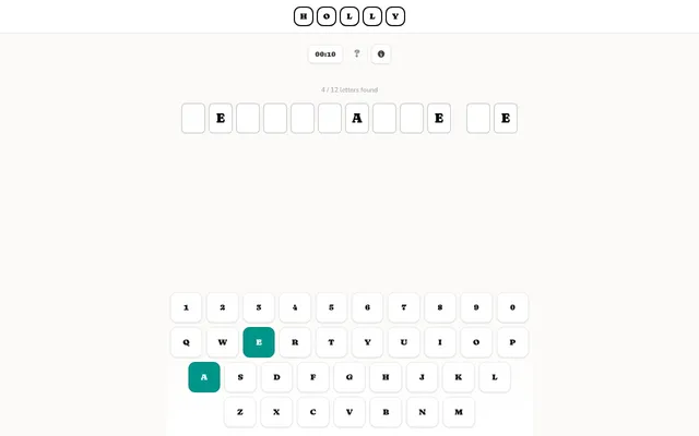 Today's HOLLY puzzle in play: a two-word film title of 12 letters with E and A found in teal, a running timer, the locked hint button and a keyboard of digits and letters