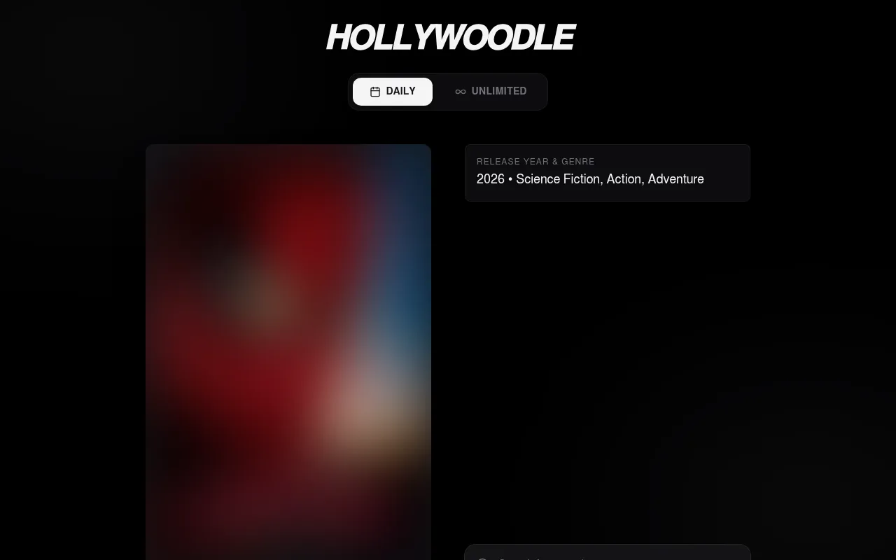 Today's Hollywoodle board on a desktop: Daily and Unlimited tabs, a heavily blurred red and blue film poster, and the clue 2026, Science Fiction, Action, Adventure
