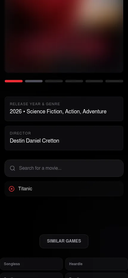 Hollywoodle on a phone after one wrong guess: the first of six bars red, a director clue added under the year and genres, and Titanic marked wrong