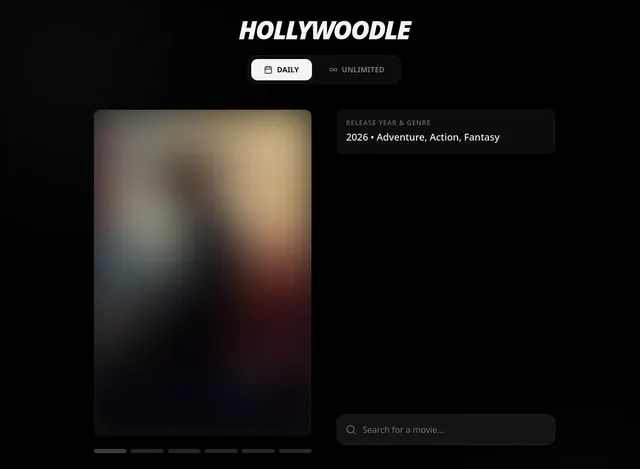The Hollywoodle daily puzzle: a heavily blurred film poster on the left, the release year and genre hint on the right and a box to search for a film
