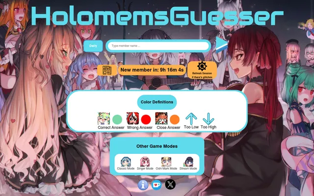 HolomemsGuesser Classic mode in Daily: the box to type a member name, a countdown reading New member in 9h 16m, the colour key for correct, wrong and close answers, and buttons for the other modes ove