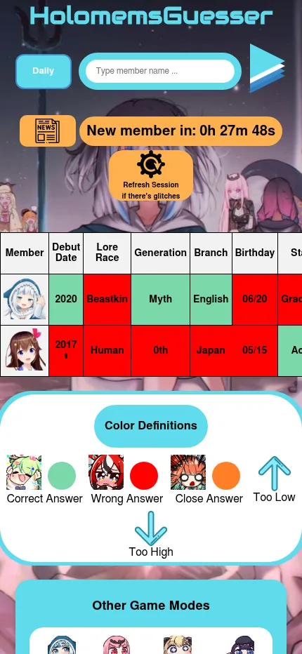 HolomemsGuesser Classic daily at phone size: two guessed members compared on debut, lore race, generation and branch, with the colour key for correct, wrong and close answers below