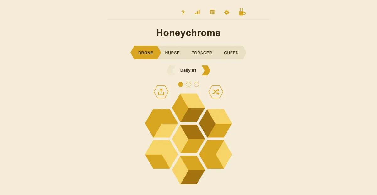 Honeychroma's Drone board of seven honey-coloured hexagons under the Drone, Nurse, Forager and Queen tier tabs, Daily #1