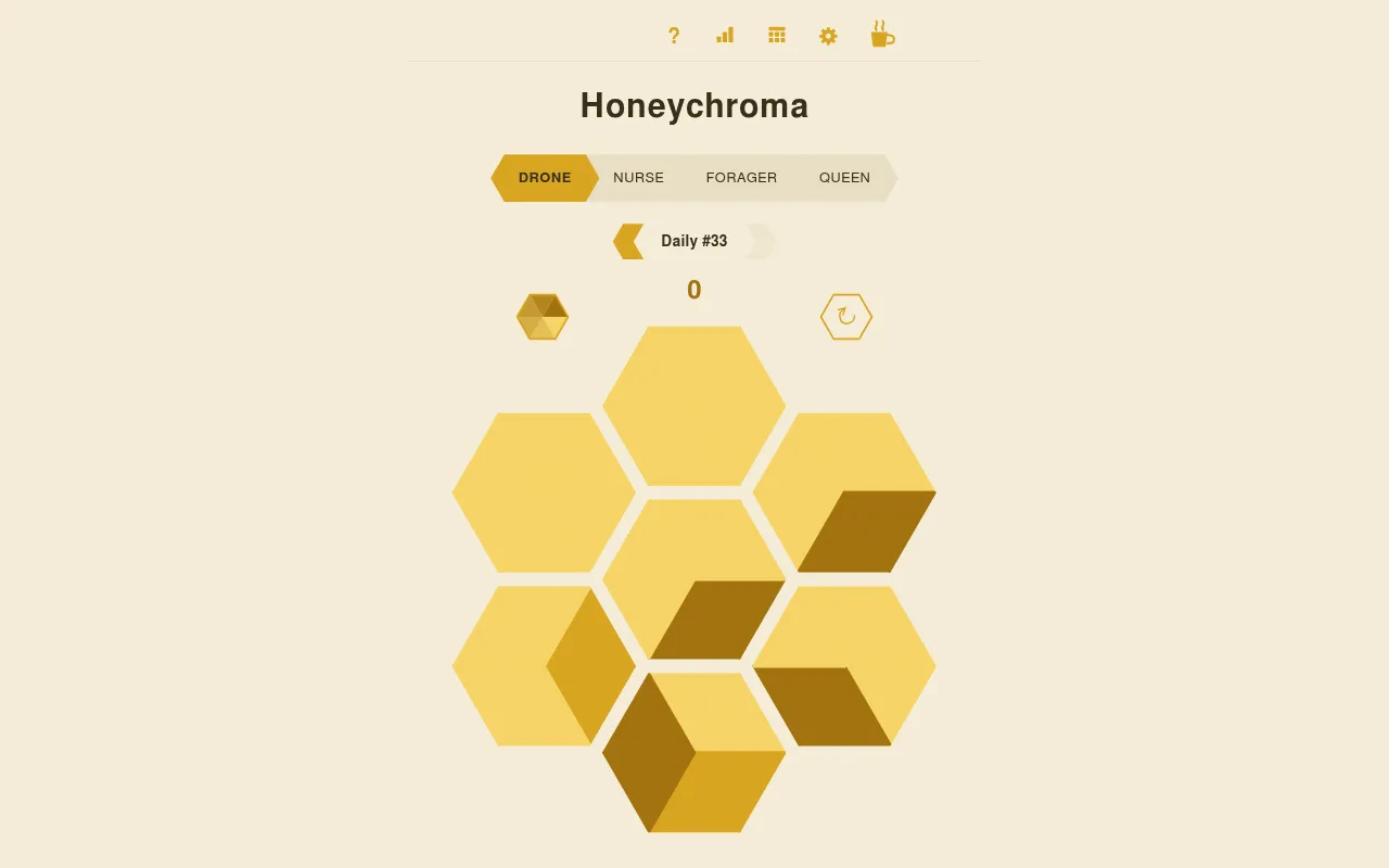 Honeychroma Daily #33 on the Drone tier: seven scrambled hexagons with a rotation counter at zero
