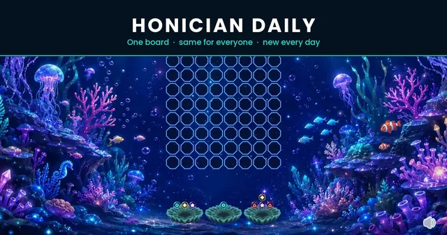 The HONICIAN Daily board: an empty 8 by 8 grid of neon octagons on a coral reef with three orb pieces waiting in shells below