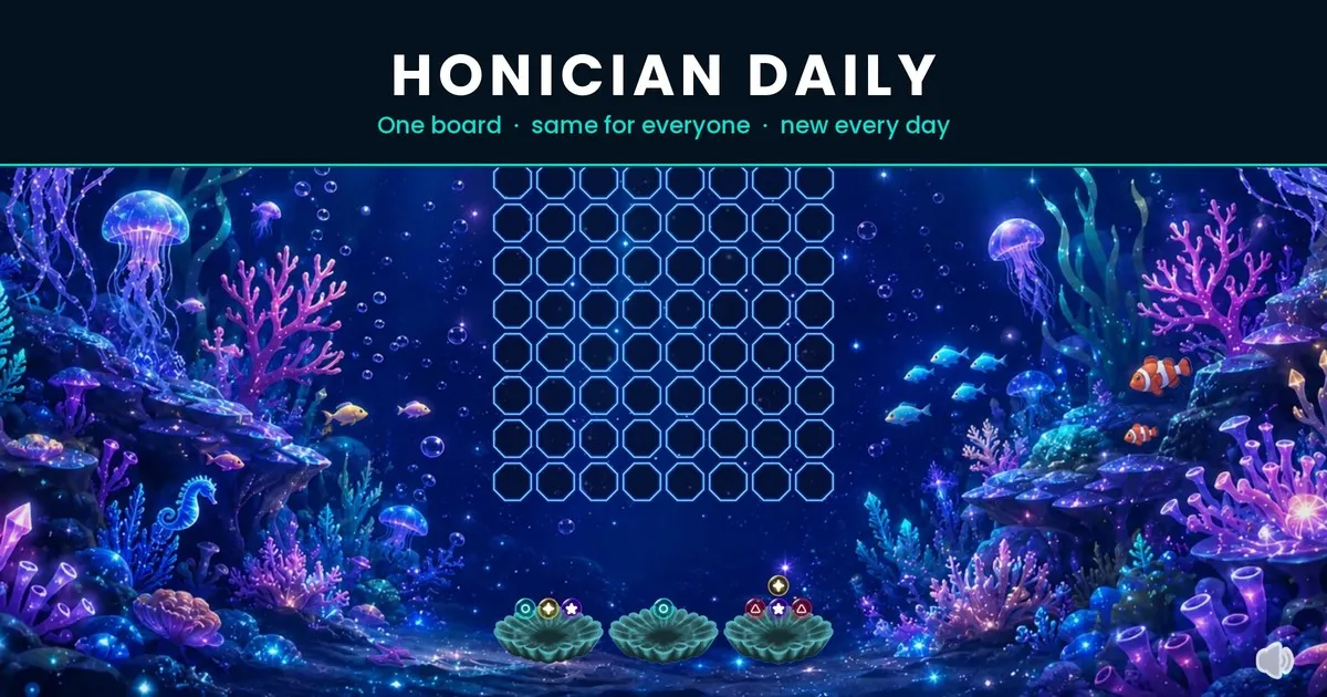 The HONICIAN Daily board: an empty 8 by 8 grid of neon octagons on a coral reef with three orb pieces waiting in shells below